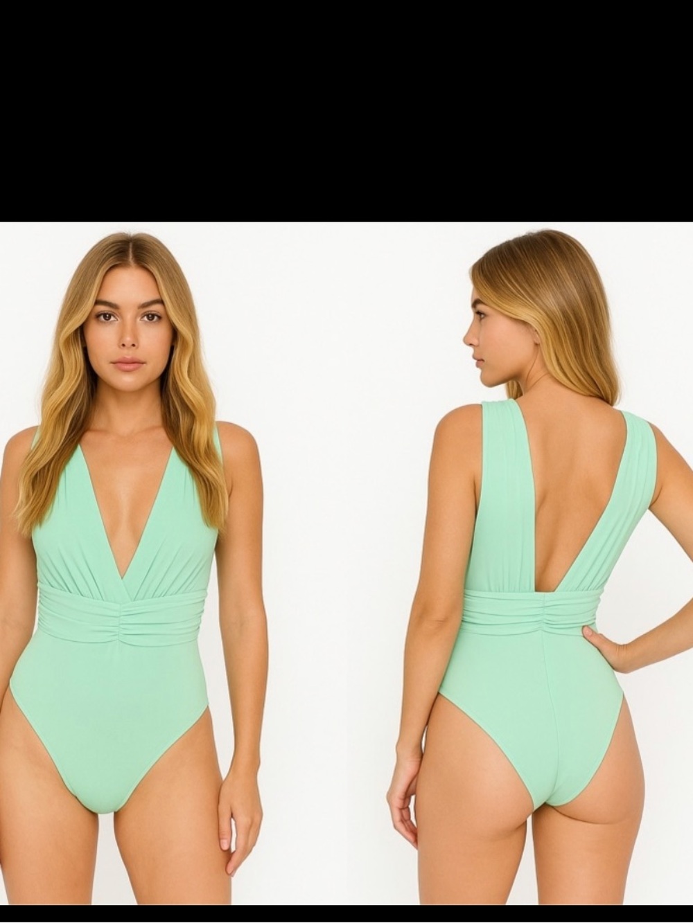 Plunging V-Neck Mint Green Bodysuit with Ruched Waist